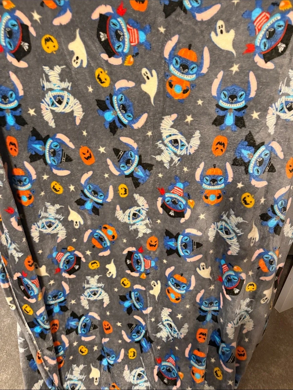 Disney Gray Plush Stitch Halloween Throw Blanket with Blue and Orange Accents